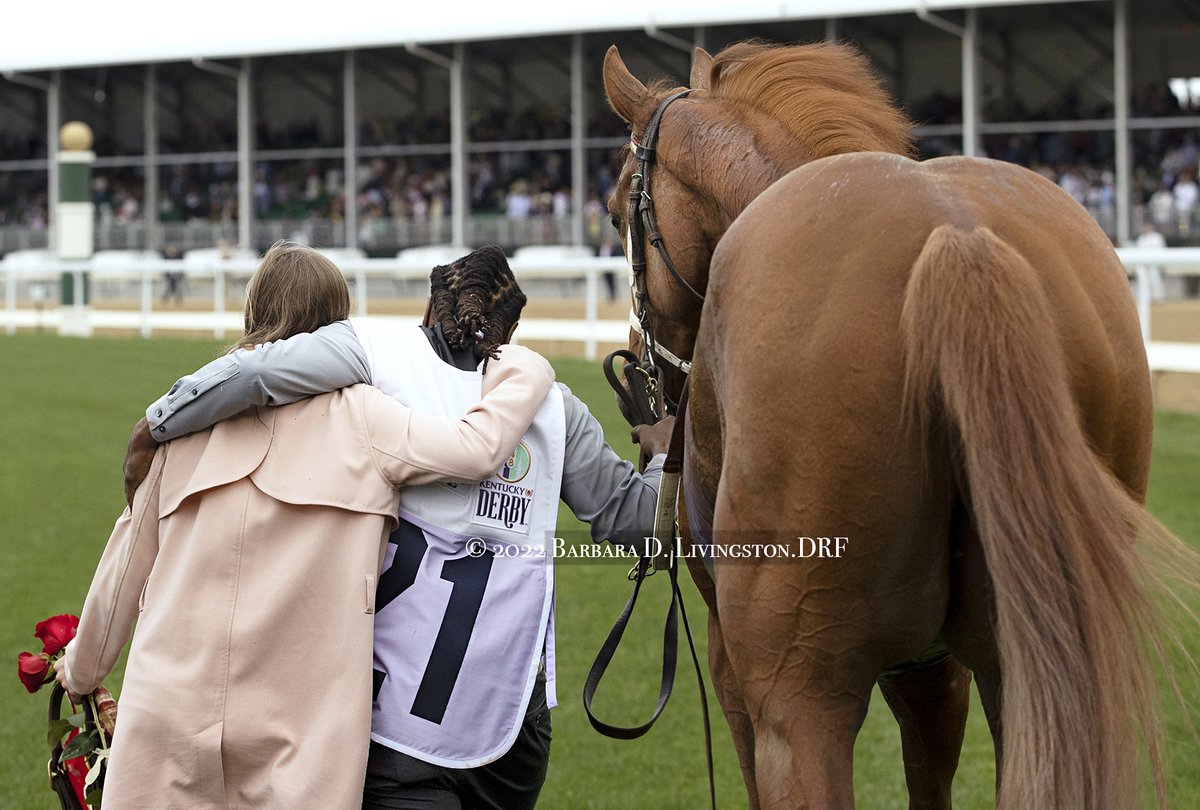 DRFLivingston's tweet photo. RICH STRIKE - with trainer Eric Reed's daughter Lindsy and Rich Strike's groom Jerry Dixon, Jr. - heading to the test barn after their shocking and wonderful win in the 2022 @KentuckyDerby .

Congratulations to all involved!  🏇🌹 https://t.co/ctDegk2xkD