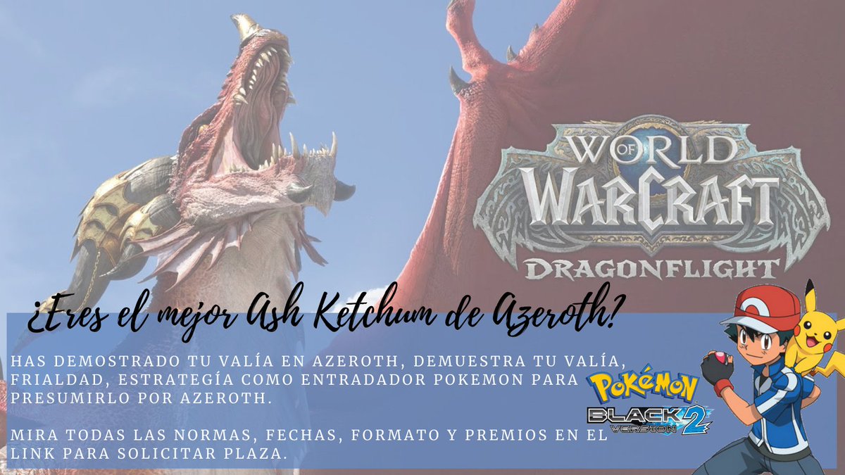 Torneo Pokemon verano #BlancoyNegro2enAzeroth

¿Eres o has sido ex jugador de World of Warcraft?

Revisa el link + info

Premios, diversión y conocer gente del universo #Warcraft

Solicita plaza en: docs.google.com/forms/d/e/1FAI… (plazas fijas a miembros @SingularityDun)

🔜Más info 1/7
