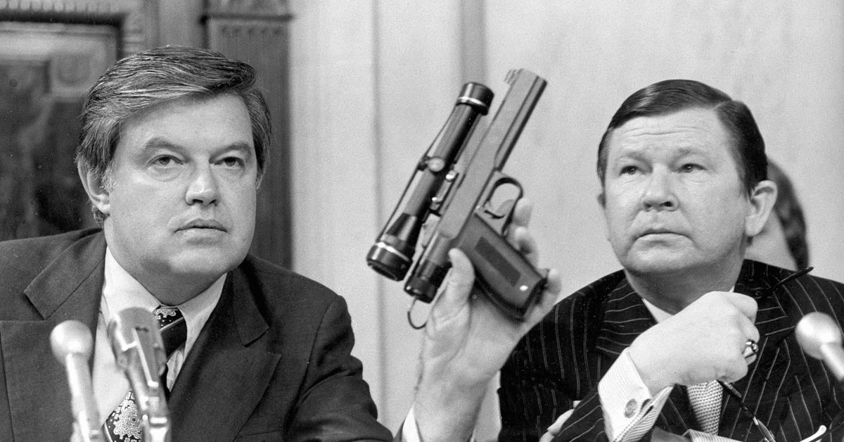 DevoutLuddite's tweet photo. 1975: Senator Frank Church a true American Hero, holding the CIA's assassination tool, the "heart attack gun." Point and shoot and the person dies of "natural causes" with no possibility of proving foul play. https://t.co/xQISK33K7j