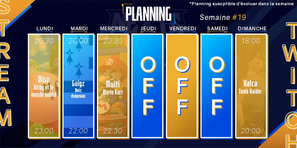 #PLANNING | #WEBTV 📺

Et voici le planning de la semaine !
Profitez bien de votre soirée avec <a href="/valentiine_99/">val</a> 🥳

Lien➡️twitch.tv/nextg__

#NxGWIN💙🧡
#streaming #stream