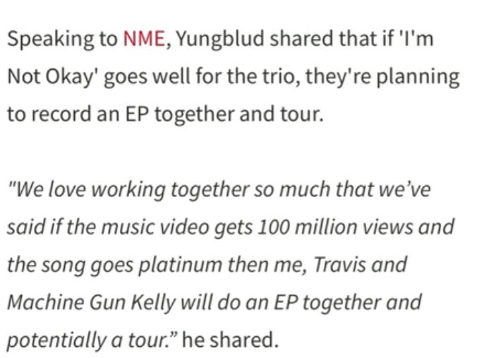 SKZiful's tweet photo. “if the music video gets 100 million views… me, @travisbarker and @machinegunkelly will do an EP together..” - @yungblud 

LET’S MAKE THIS HAPPEN EST &amp; BHC!! https://t.co/vVNkj5oL9V