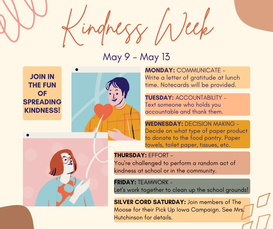 KylHutchinson's tweet photo. It's Kindness Week at Iowa Falls and Alden Schools. Below is what's happening at the high school We'd love for you to participate and spread some kindness. #IFACadetPride https://t.co/DhQJY9C7Er