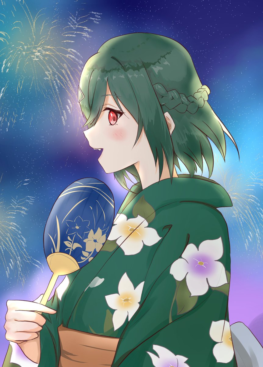 1girl japanese clothes kimono red eyes hand fan fireworks solo  illustration images