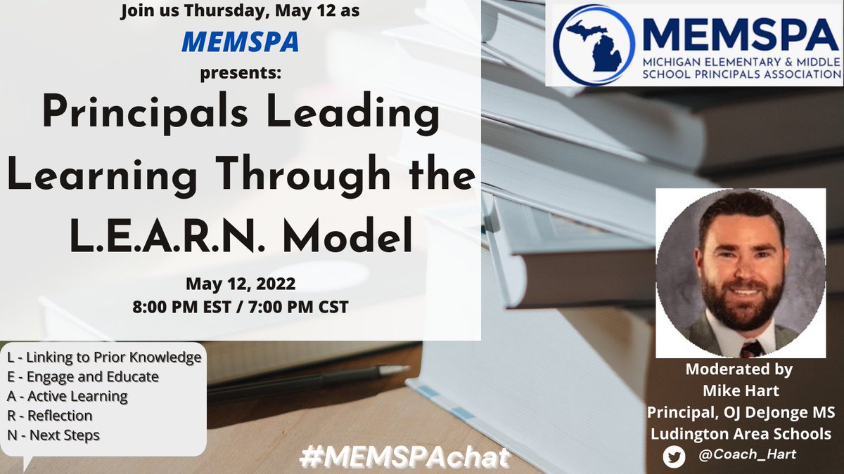 Join #MEMSPAChat 8pm Thurs
as @coach_hart hosts
Principals Leading Learning w/ the L.E.A.R.N. Model

#pblchat #PersonalizedPD 
#edchat #XPLAP 
#SDedchat #LAedchat
#mdedchat #NJed
#LEADERSHIPCHAT
#NCCE #MIEE #TnEdChat 
#pblchat
#PersonalizedPD 
#edchat
#SDedchat
#LAedchat