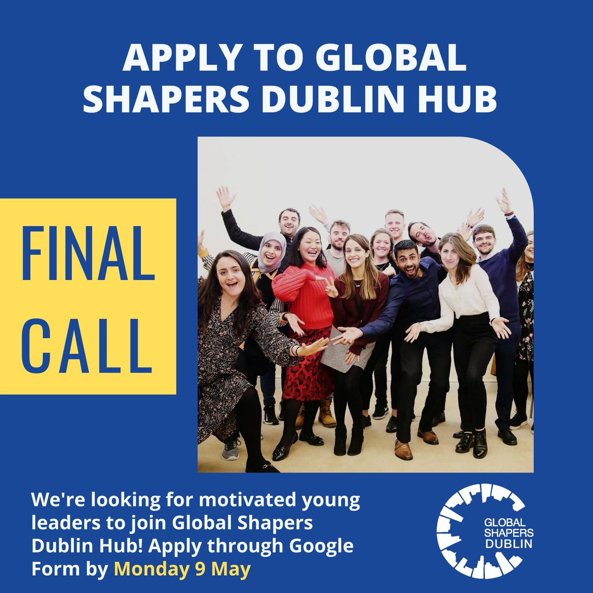 Global Shapers Dublin Hub (@dublinshapers) on Twitter photo 📣 Last Call to Apply 📣
Join Dublin Hub and be part of a diverse community in Dublin working on sustainable, impact-driven projects locally and globally as part of the <a href="/GlobalShapers/">Global Shapers</a> Community! 🌍
✍️ Apply here: forms.gle/7VpfAWC2Y4rbaq…
Applications close TOMORROW 9 May 2022 📣 Last Call to Apply 📣
Join Dublin Hub and be part of a diverse community in Dublin working on sustainable, impact-driven projects locally and globally as part of the <a href="/GlobalShapers/">Global Shapers</a> Community! 🌍
✍️ Apply here: forms.gle/7VpfAWC2Y4rbaq…
Applications close TOMORROW 9 May 2022