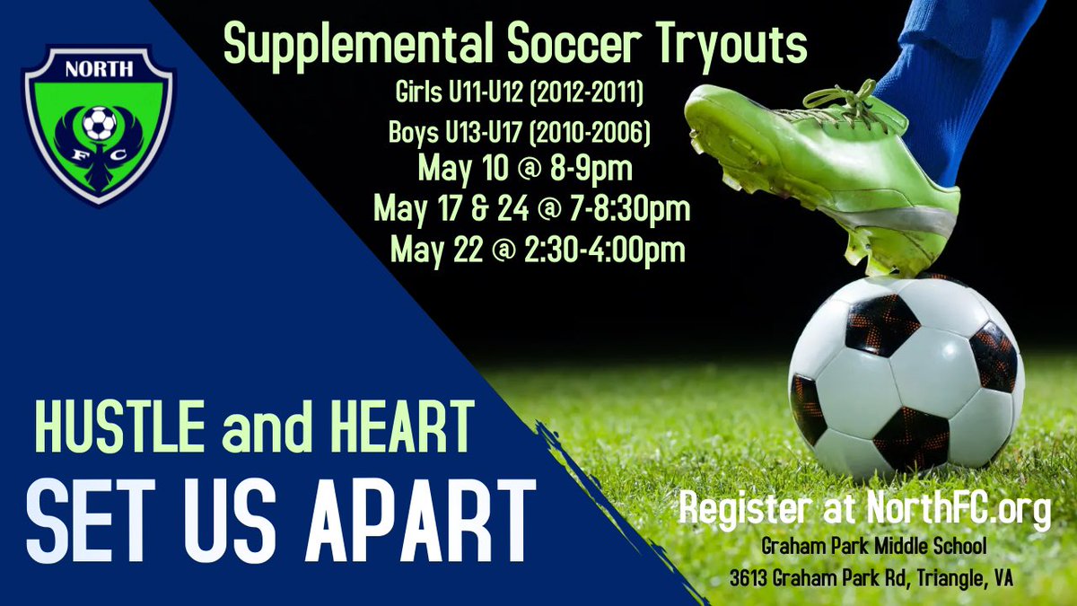 NorthFCsoccer's tweet photo. Want More?
Expect More?
Don’t miss your chance.  Supplemental TRYOUTS
girls (2011-2012) boys (2010-2006) register at https://t.co/PHjp08jj2W #soccertryouts #nextlevelsoccer @vayouthsoccer @TraceUp @EDPsoccer @ncsa https://t.co/p7pOkvnmsQ