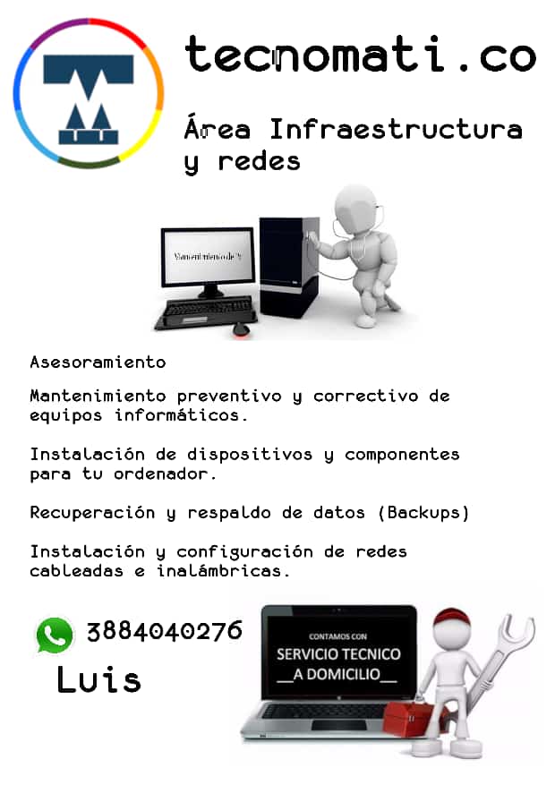 ASESORAMIENTO IT-COOP

Servicio de mantenimiento preventivo y correctivo de equipos informáticos. Instalación de dispositivos y componentes para tu ordenador. Recuperación y respaldo de datos (backups). Instalación y configuración de redes cableadas e inalámbricas.

💻🛠🔧