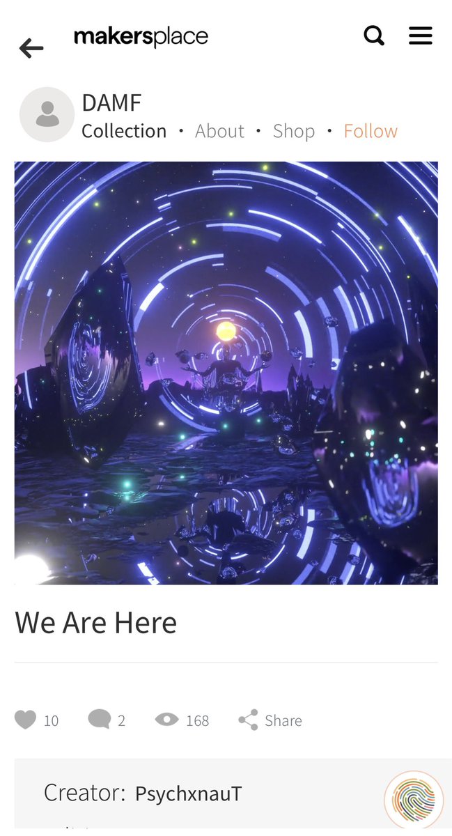 P3ychxnauT's tweet photo. We Are Here collected by #DAMF on @makersplace 
For 0.25 Ether
Review artwork here : https://t.co/XMzOYOke9j

Thank you @makersplace and the collectors that’s always support me 

#NFTCommumity #makersplace #NFTartist #nftcollector #digitalart 
#cryptoart #psychedelicart #visual https://t.co/rG9ieFroRR