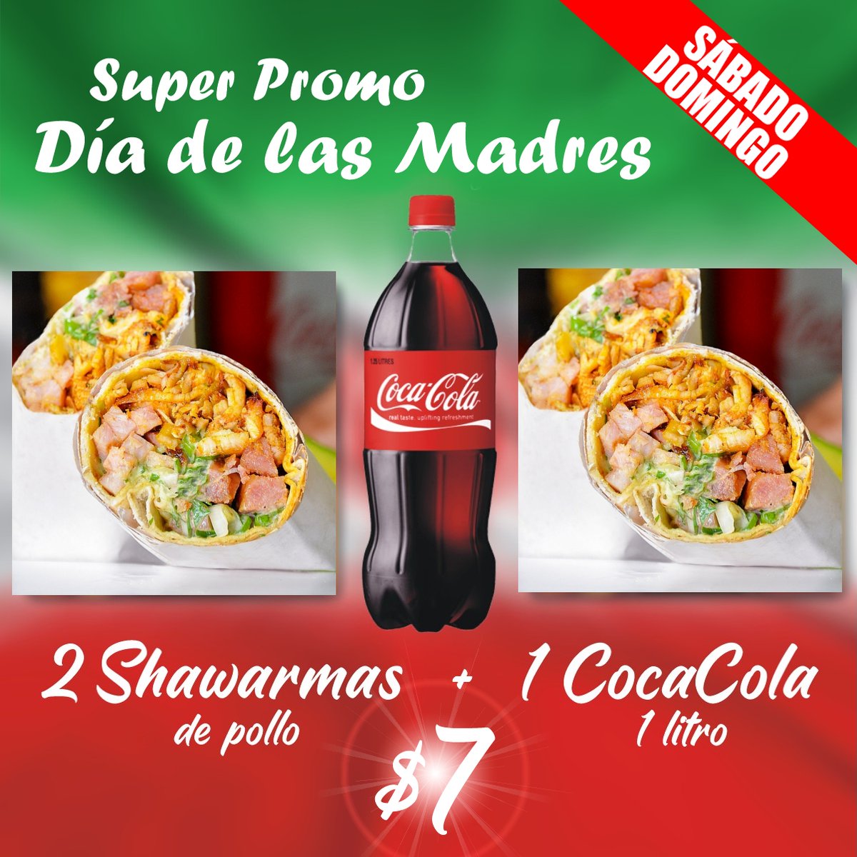 Superfin de semana con esta Superpromo para el Día de las Madres.

Son 2 shawarmas de Pollo + refresco 1 Lts por $7 (al cambio del día), este sábado y domingo.  

Tenemos delivery.

#shawarma #chacao #caracas #diadelasmadres #caracasactiva #elavila #falafel #pepitos