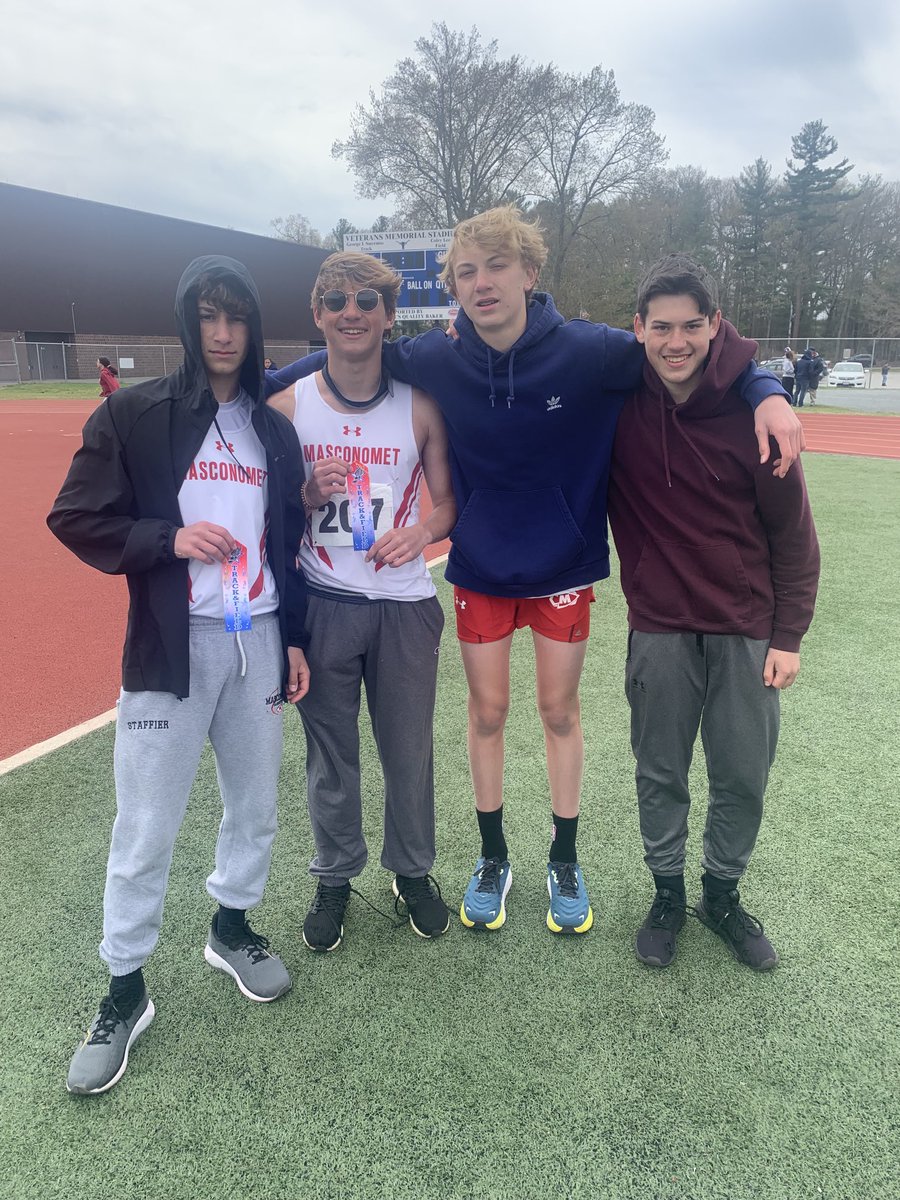 All freshman high jump team (from left to right) of Adam Staffier, Arbi Halilaj, Hunter Rossi and Charlie Antonakes, acquitted themselves well by picking up 2 ribbons at the NEC Fr/So League Meet.