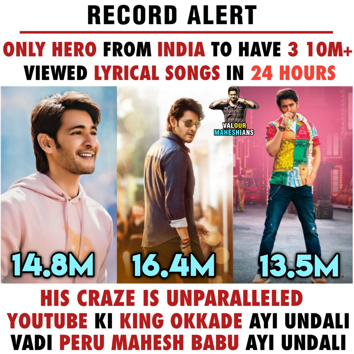 Valourmaheshian's tweet photo. Only Hero from INDIA 🇮🇳 to have 3 10M+ Viewed Lyrical Songs in 24 Hours 

Kalaavathi - 14.8M 
Penny - 16.4M
Ma Ma Maheshaa- 13.5M 

His Craze is Unparalleled 
SUPERSTAR @urstrulyMahesh

#SarkaruVaariPaata #SVPMania https://t.co/27OWCfCjsV