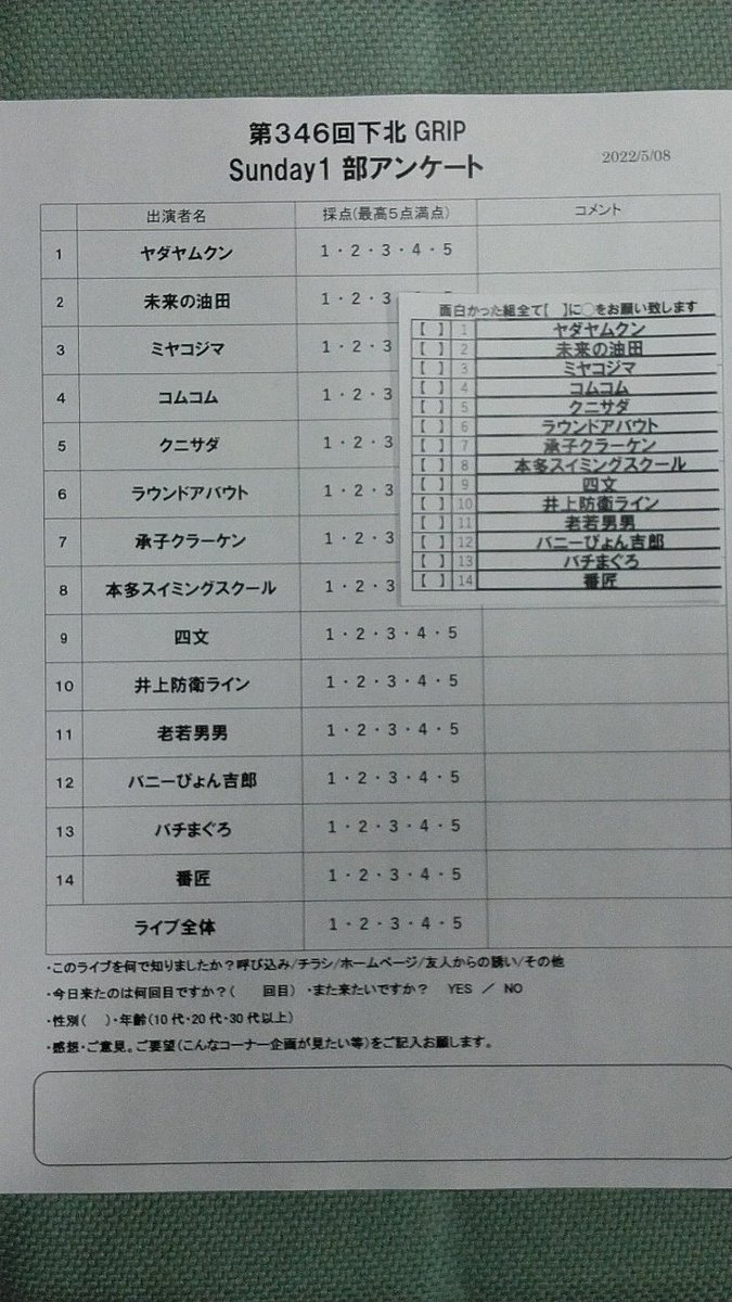 byynrock0429's tweet photo. 下北GRIP 1部2部3部

今日の注目ポイントは新作ピンネタ披露の番匠さんと、初めて生でネタを見た四文さん😊

更に特筆す���と、解散後12年経ってから再結成して遠距離でコンビ活動をしているというマッチポンプさんの貴重なコントがすごかったです！長年のブランクを感じさせない面白さでした✨ https://t.co/UPf22varGo