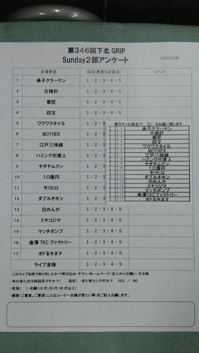 byynrock0429's tweet photo. 下北GRIP 1部2部3部

今日の注目ポイントは新作ピンネタ披露の番匠さんと、初めて生でネタを見た四文さん😊

更に特筆す���と、解散後12年経ってから再結成して遠距離でコンビ活動をしているというマッチポンプさんの貴重なコントがすごかったです！長年のブランクを感じさせない面白さでした✨ https://t.co/UPf22varGo
