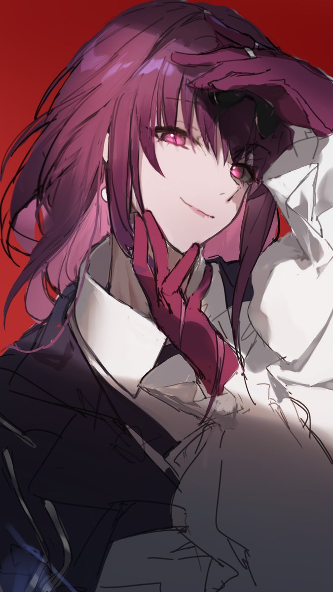 scathach (fate) 1girl solo gloves purple hair smile red background looking at viewer  illustration images