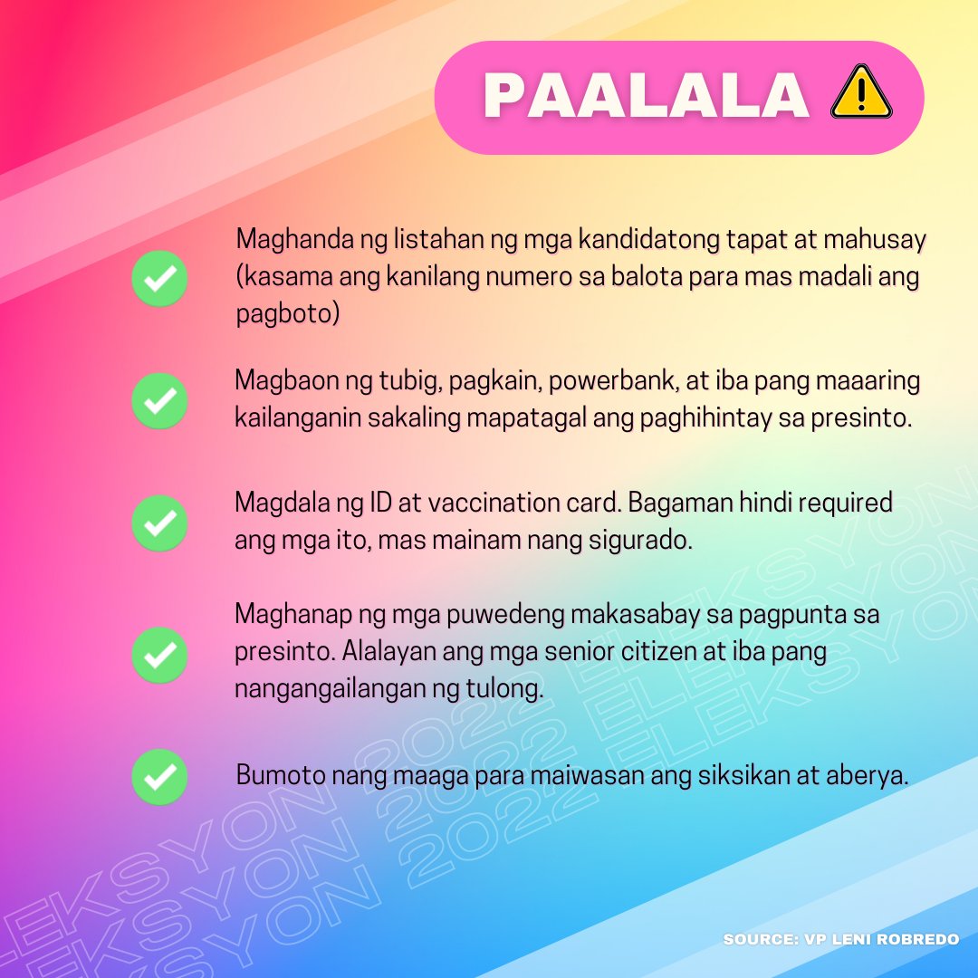 ValForLeniKiko's tweet photo. Mga Ka-Valenzuelanos, 

Narito ang ilang paalala para sa darating na National and Local Elections ngayong Lunes, May 9, 2022. https://t.co/R3HkCFuipj