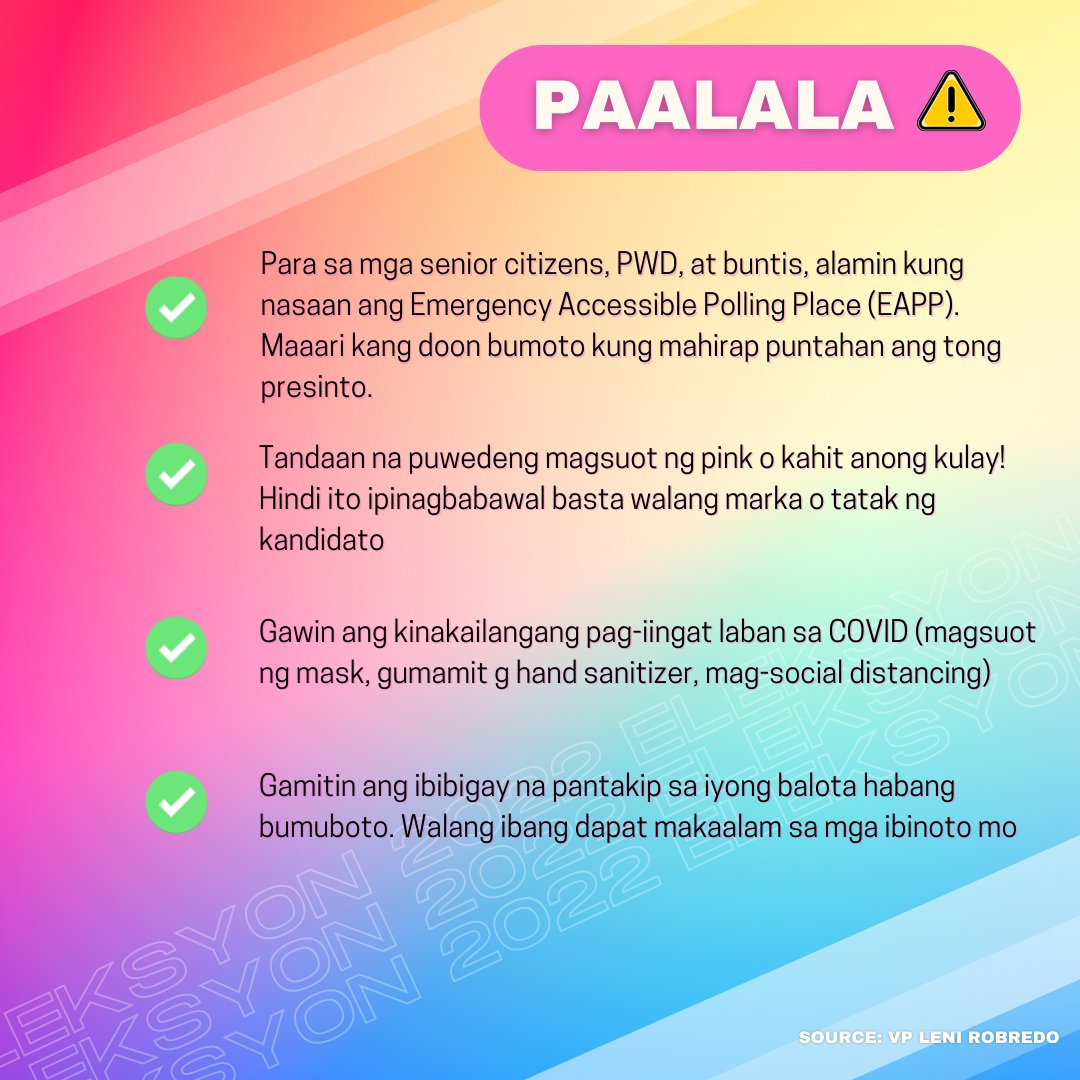 ValForLeniKiko's tweet photo. Mga Ka-Valenzuelanos, 

Narito ang ilang paalala para sa darating na National and Local Elections ngayong Lunes, May 9, 2022. https://t.co/R3HkCFuipj