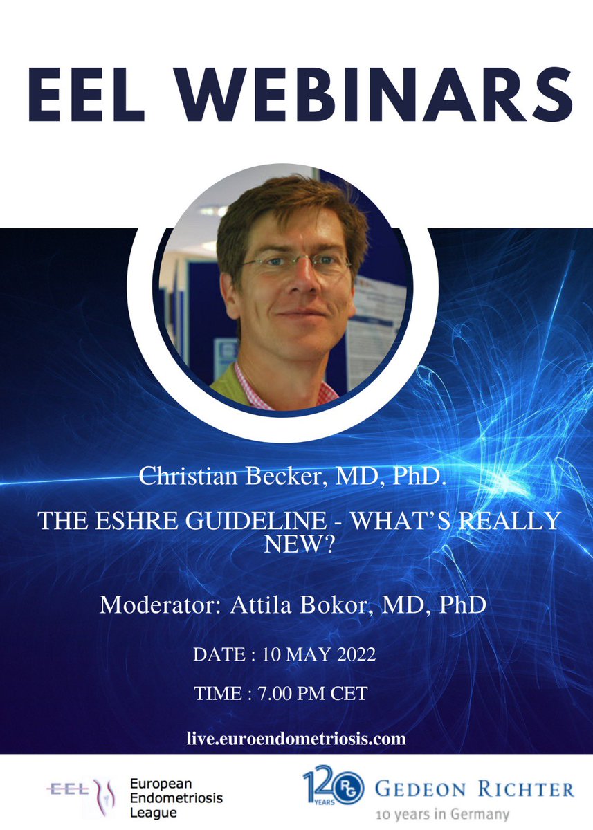The next EEL Webinar, ‘The ESHRE Guideline- Whats Really New? ’ by Christian Becker, MD., PhD will be on 🗓 10.05.2022 ⏰ 7.00 pm CET. Attila Bokor, MD., PhD. will moderate the webinar. You can register via the link below👇🏻 live.euroendometriosis.com.