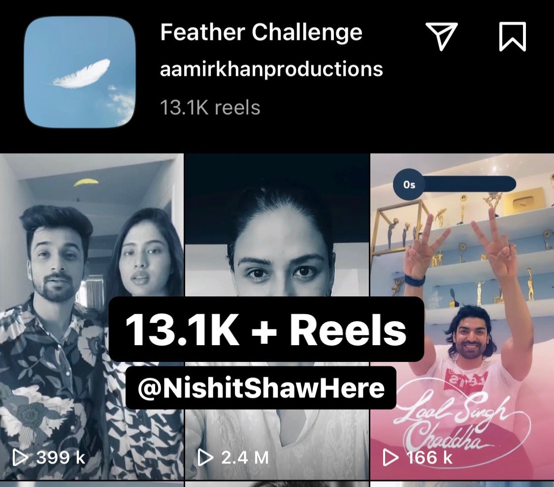 NishitShawHere's tweet photo. #LaalSinghChaddha’s #FeatherChallenge on Instagram completes 13k + reels today.

The filter introduced by #AamirKhanProductions has gained huge popularity.

#AamirKhan #KareenaKapoorKhan https://t.co/iBe39NZgFt