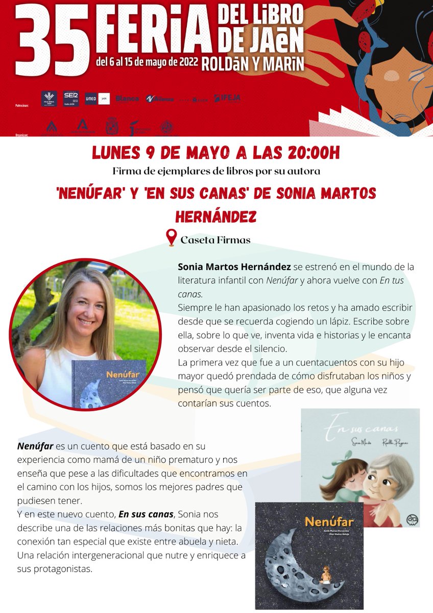 soniamartos_'s tweet photo. Mañana estaré firmando mis cuentos en la Feria del libro de Jaén
Podéis encontrar mis cuentos en las casetas de la feria.

¡Os espero!

#ensuscanas #feriadellibrodejaen #FeriaDelLibro https://t.co/5uBbLZJ9PL