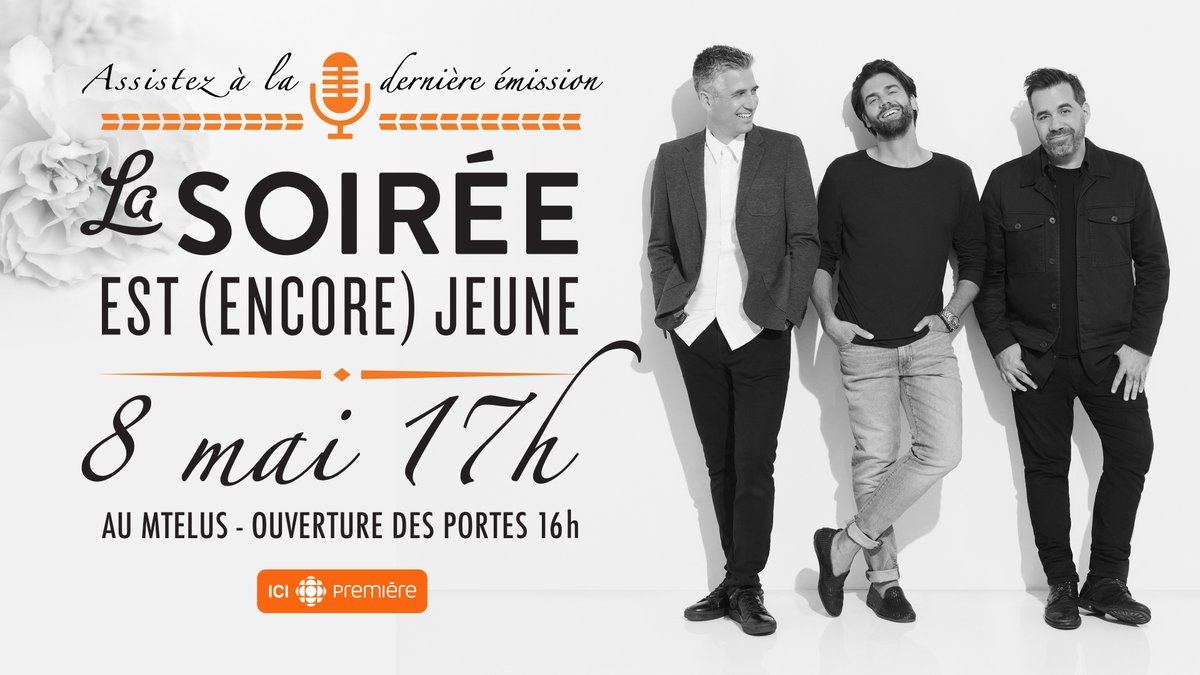 CBCRadioCanada's tweet photo. Aujourd'hui, on souligne la fin de l'émission culte, @lasoiree est (encore) jeune. Bravo et merci au trio de @jpwauthier, @oniquet et @jsgirard pour ces 10 saisons mémorables! 
https://t.co/5AajbdVWQk https://t.co/deir1KZktT