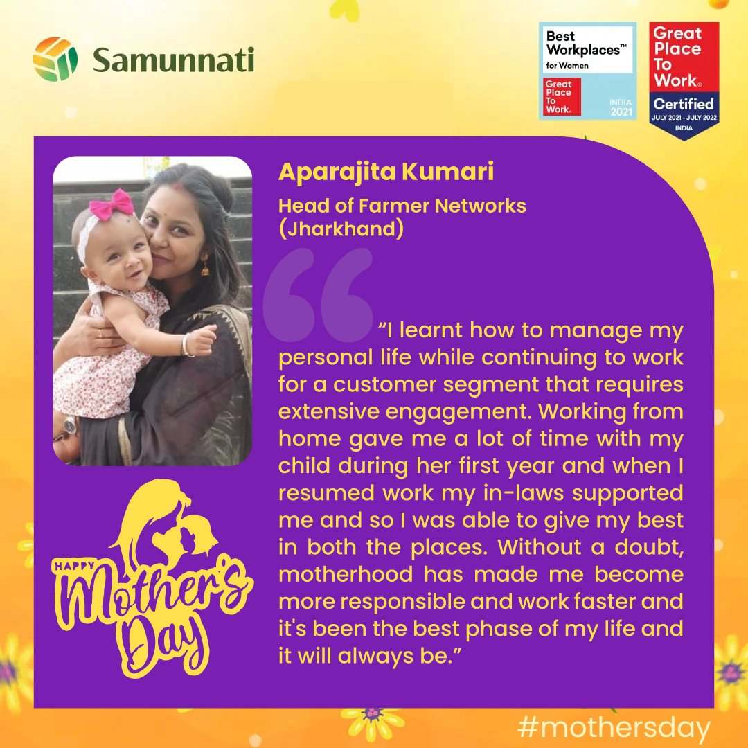 samunnati's tweet photo. Celebrating all the new mothers of #Samunnati
Have a look at what Ms. Aparajita Kumar had to say about her motherhood!
#OpenAgriNetwork #SamFin #SamFin #Mothersday #MothersDay2022 #HappyMothersDay2022 #Motherslove #Mother #MomsDay #MomsDay2022 https://t.co/lbQS9DDPXK
