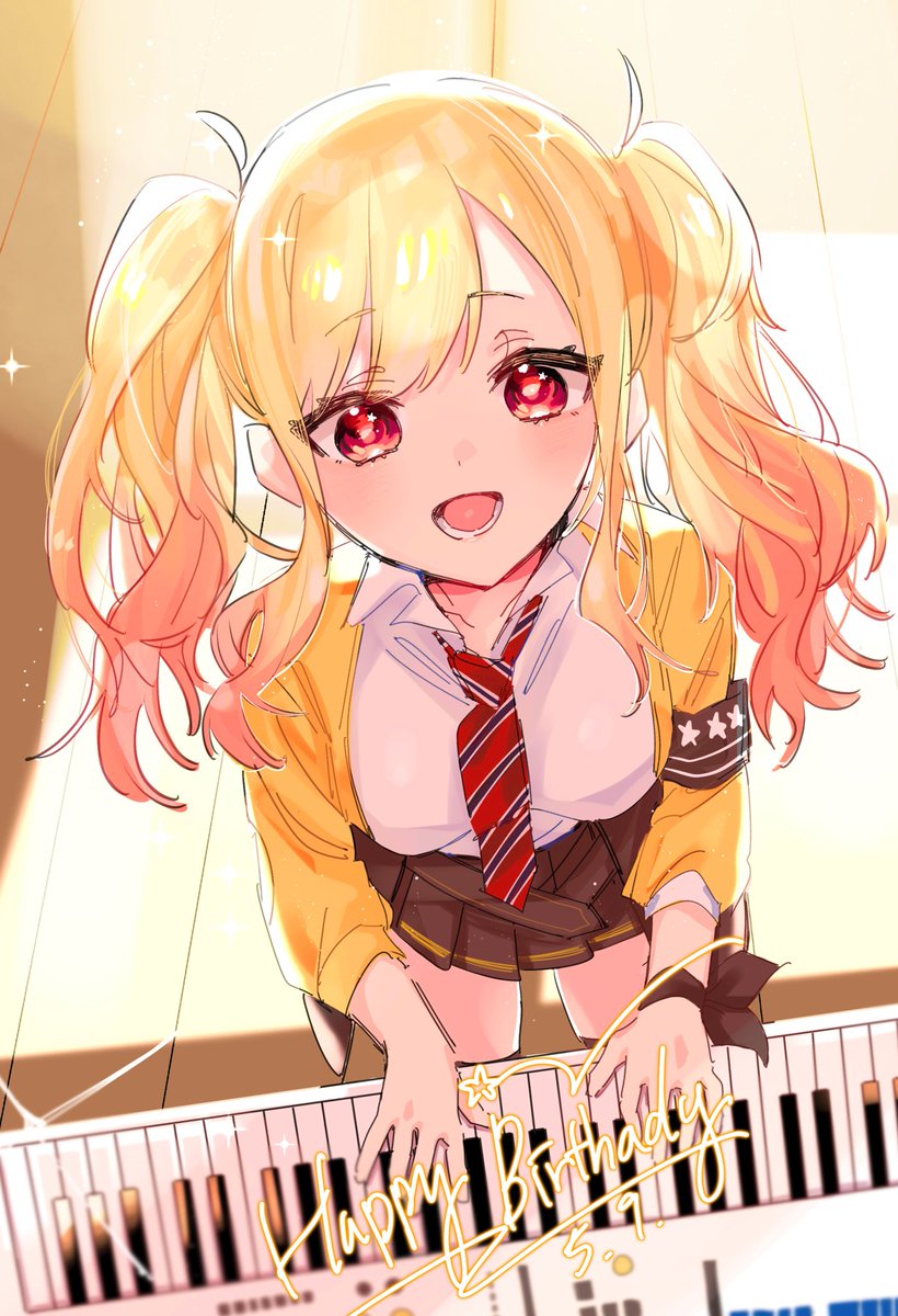 1girl necktie blonde hair solo instrument skirt twintails  illustration images