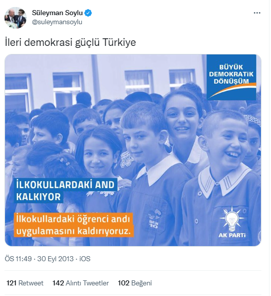 "Büyük Demokratik Dönüşüm"
"İlkokullardaki and kalkıyor"
"İlkokullardaki öğrenci andı uygulamasını kaldırıyoruz"
"İleri demokrasi güçlü Türkiye" öyle mi Türk düşmanları?
İslam Federe Devletine geçiş için İstiklal marşını ne zaman kaldıracaklar acaba,bu yere göğe sığdırılamayanlar