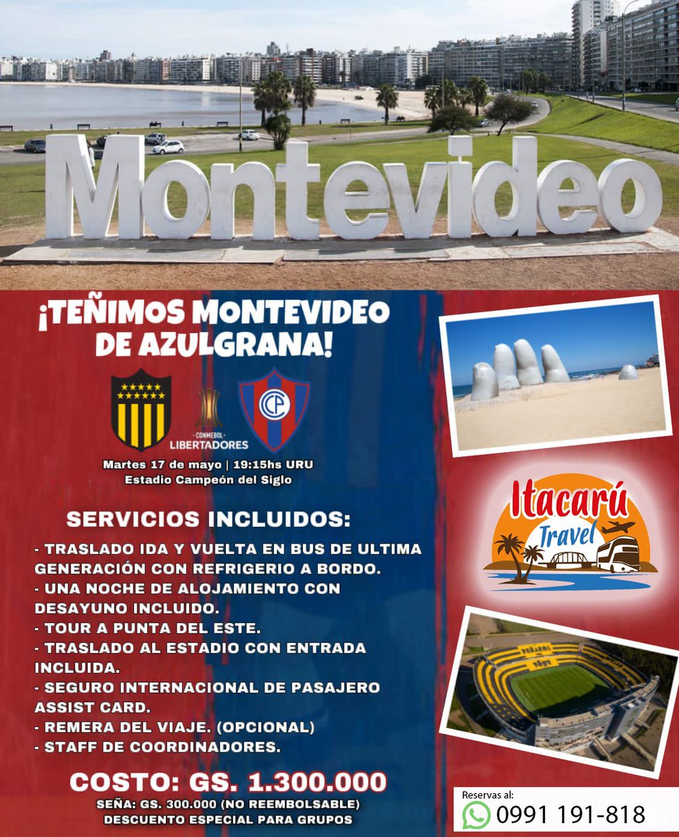 Acompaña a <a href="/CCP1912oficial/">Club Cerro Porteño</a> en busca de la  Clasificación en Montevideo🇺🇾 ante #Peñarol 
Últimos 10 lugares

Informes y reservas
📲0991191818
🚍🇺🇾🔴🔵🔴

#cerroporteño 
#CopaLibertadores
#ItakaruTravel