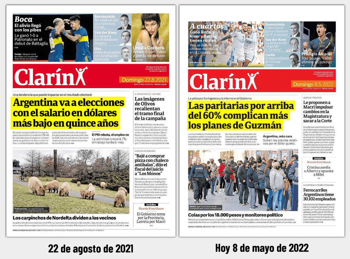 Ejemplo de cómo funciona el Poder económico mediático y la insatisfacción democrática que expuse en Chaco. 

Mirá lo que decía Clarín dos domingos antes de que tengas que votar en las parlamentarias 2021 y mirá lo que te dice hoy, cuando se está discutiendo tu salario.