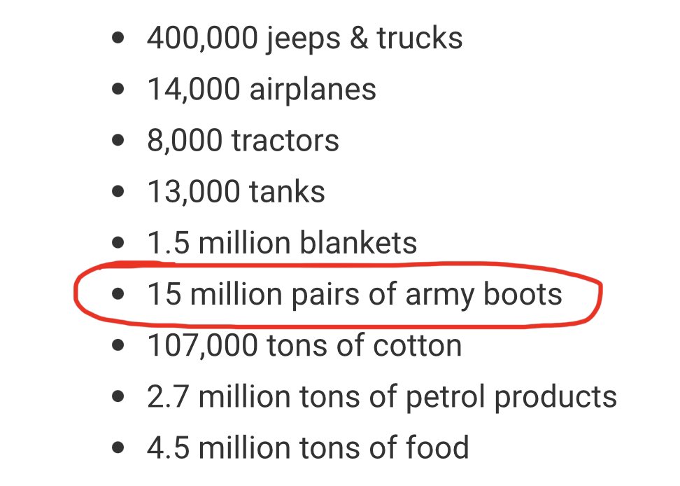 JanR210's tweet photo. Just a reminder to those who will likely say tomorrow that the 1945 Victory is the heritage of #Russia only. 
This is a WWII Lend-Lease from USA to USSR.
15m boots. USSR in 1941-1945 mobilized ~ 34.5m soldiers.
Statistically 44% of Soviet troops marched to Berlin in US boots. https://t.co/SoAQ4uZQJo