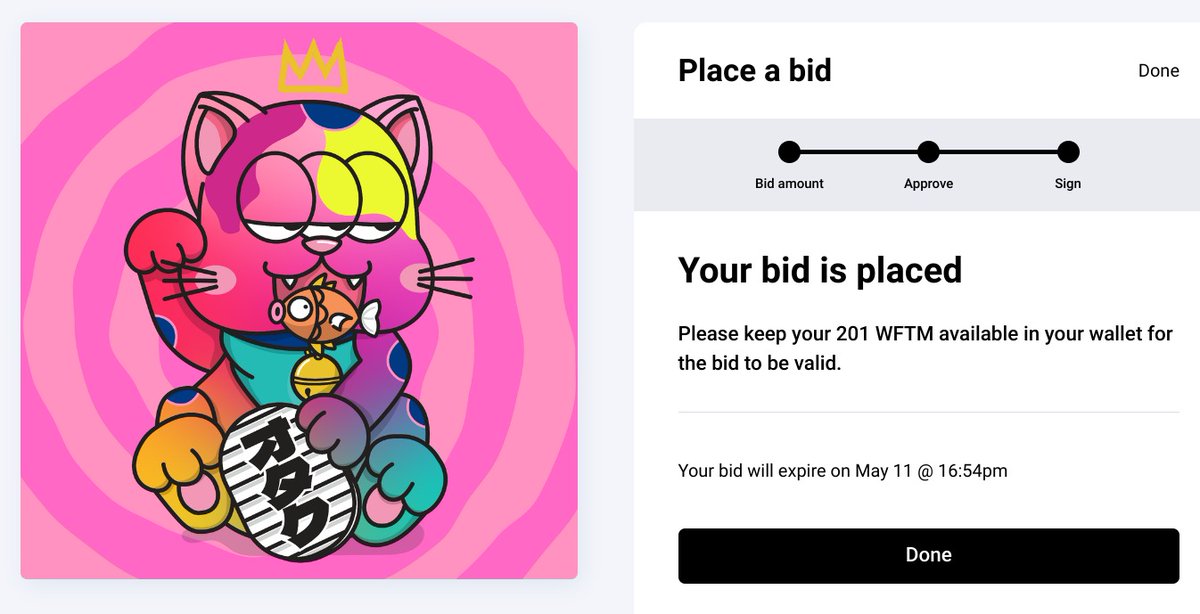 I did it again 💸 @PotluckProtocol <a href="/TEENSONACID/">TEENSONACID</a>
Bidded for AcidCat rank 3 at 201 $FTM 
Hope to win this auction 😸

#fantom #avax #NFT