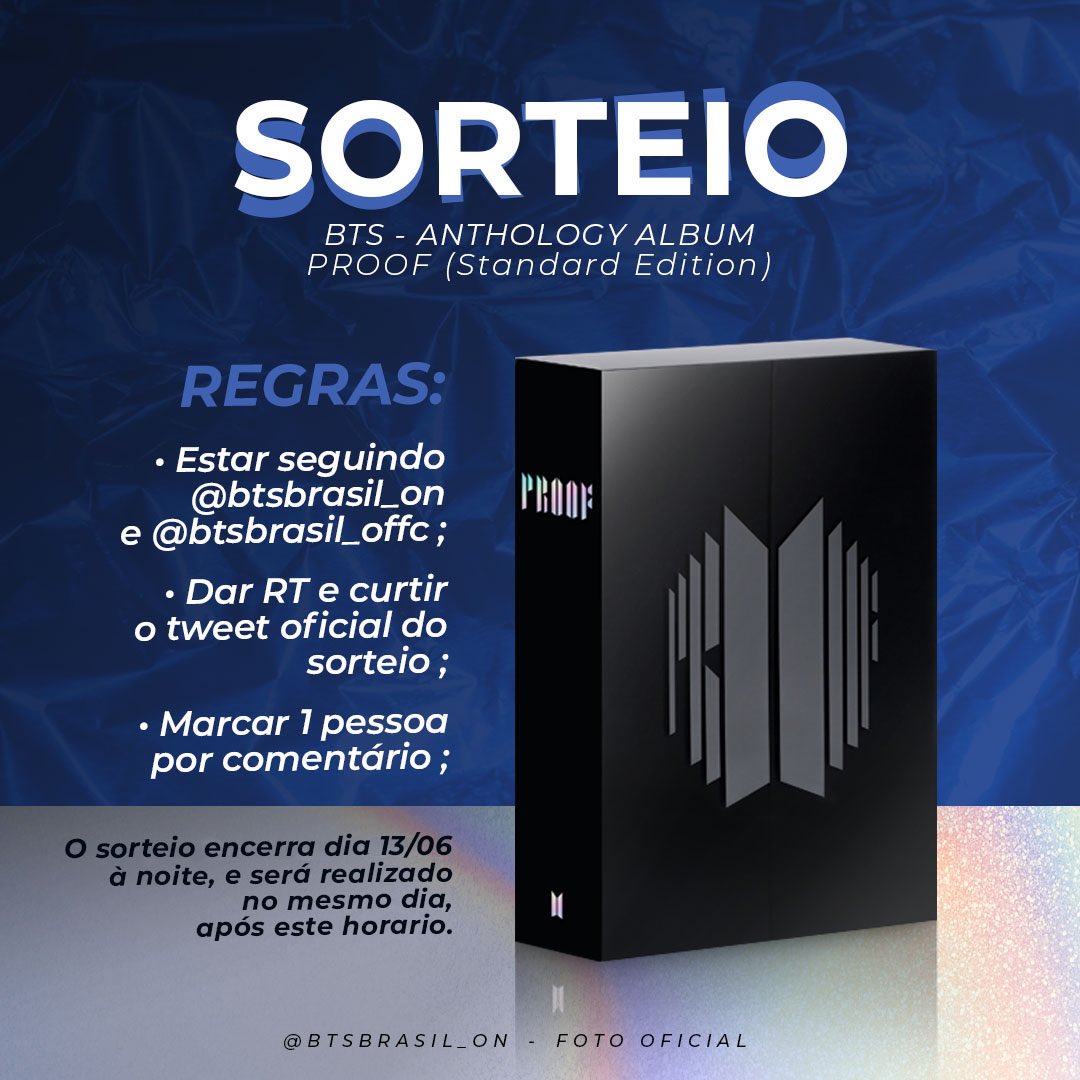[SORTEIO] BTS - ANTHOLOGY ALBUM PROOF (Standard Edition)! 💜✨

📌 REGRAS
• Seguir a BBO (<a href="/btsbrasil_on/">BTS Brasil ON ✨ BBO⁷</a>) e nossa conta reserva (@btsbrasil_offc);
• Curtir e dar RT nesse post;
• Marcar 1 pessoa por comentário.

🗓️ Acaba: 13/06, às 18h (BRT).
🗓️ Resultado: 13/06, à noite.
