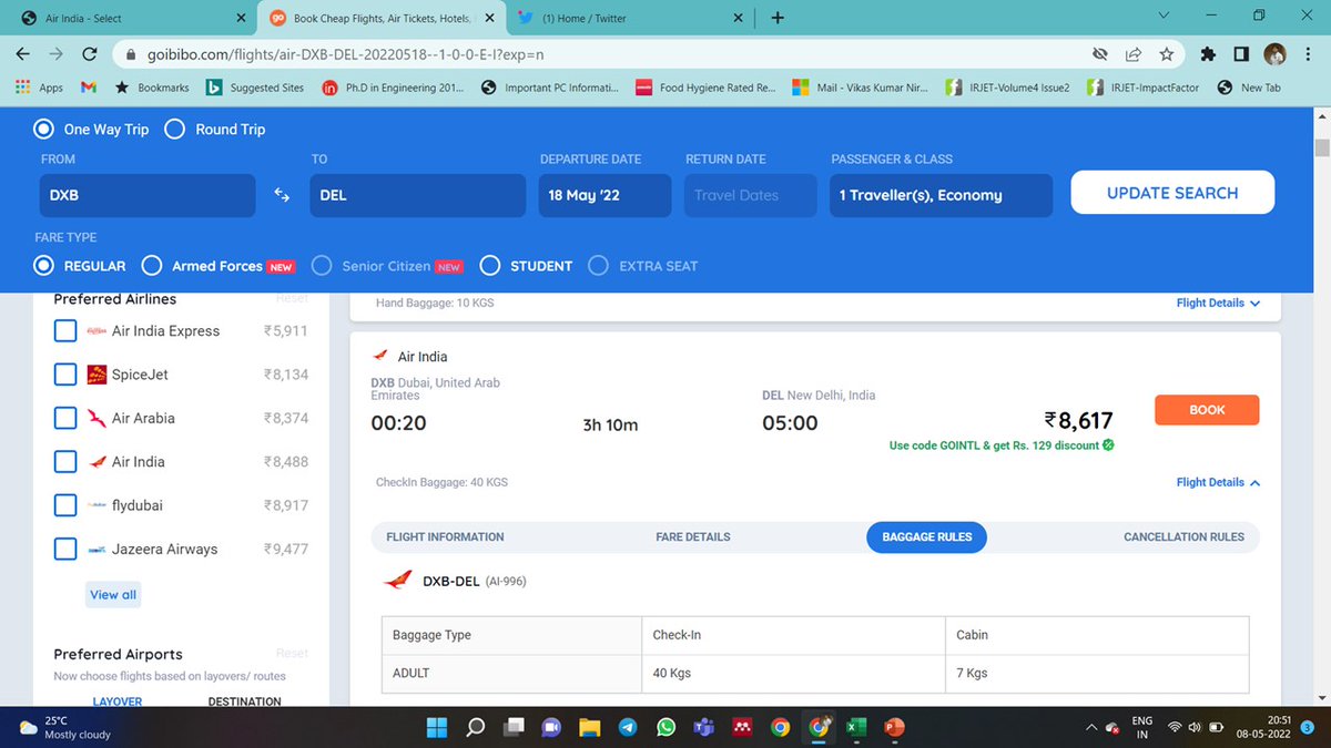 vikasarch27's tweet photo. @airindiain Query: Flight AI996 from Dubai to Delhi shows baggage allowance 30kg on Air India but on other websites it shows 40kg. Please clarify which is correct. https://t.co/KhQobqx2h7