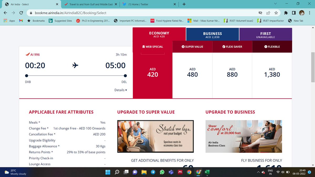 vikasarch27's tweet photo. @airindiain Query: Flight AI996 from Dubai to Delhi shows baggage allowance 30kg on Air India but on other websites it shows 40kg. Please clarify which is correct. https://t.co/KhQobqx2h7