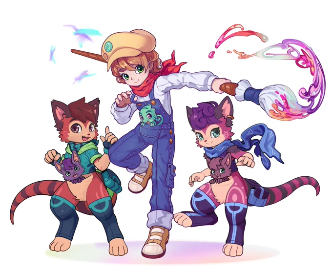 my part of an art trade with lemurfeature, their cute characters are so fun to draw🦘🦇🧑‍🎨, thank you for doing this art trade with me🥰 