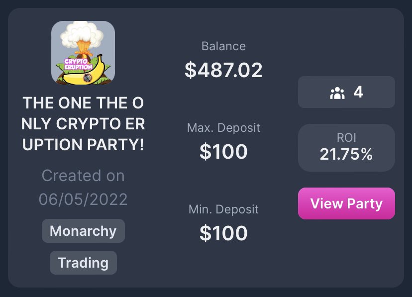Cryptowillerupt's tweet photo. Loving #partywars from @party_fi !!!!
And there is 1m $pfi up for grabs!!!!!
Get involved!
All you need is x2 friends and all put in $100 each then trade your way to the top!
#tradingwars #crypto #nft #NFTGiveaways https://t.co/FqA0mtUhys
