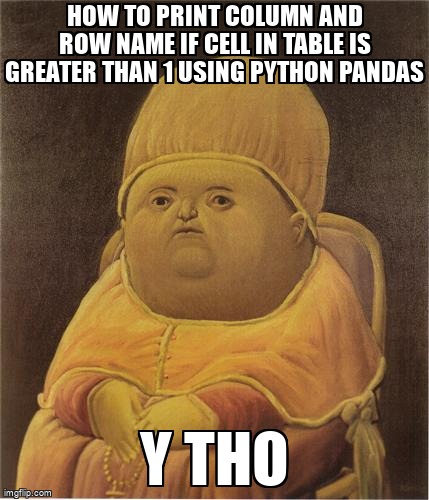 overflow_meme's tweet photo. HOW TO PRINT COLUMN AND ROW NAME IF CELL IN TABLE IS GREATER THAN 1 USING PYTHON PANDAS https://t.co/A7aFBBYGjf #python3x #pandas #dataframe #python https://t.co/ojVQUD2u3C
