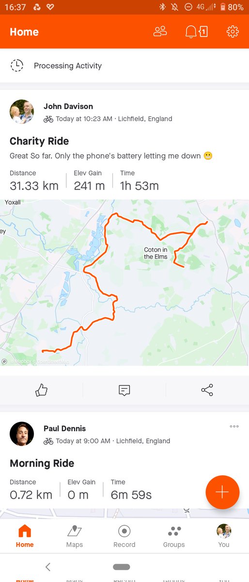 JohnPD87's tweet photo. What ride that was! Wish I could share the full route but phone had other ideas. A good 4 hour ride all in all. Again, thank you to everyone for their donations and support. 50 mile route next time for sure! @StGilesHospice only went wrong way once lol 🤣 https://t.co/cUCcdcNMxc