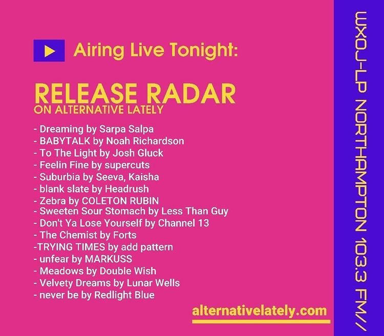 Alternative Lately 103.3FM (@alt_lately) on Twitter photo Tonight on Alternative Lately, we’ll be featuring new releases by <a href="/SarpaSalpaMusic/">Sarpa Salpa</a> <a href="/noahriichardson/">noah 🤠</a> @headrushjack <a href="/seevamusic/">Seeva</a> <a href="/forts_official/">Forts</a> <a href="/Channel13music/">Channel13</a> <a href="/bluelightred/">redlight blue</a> and many more!
Tune in from 9-11pmEST on WXOJ-LP 103.3FM or stream at valleyfreeradio.org/listen! Tonight on Alternative Lately, we’ll be featuring new releases by <a href="/SarpaSalpaMusic/">Sarpa Salpa</a> <a href="/noahriichardson/">noah 🤠</a> @headrushjack <a href="/seevamusic/">Seeva</a> <a href="/forts_official/">Forts</a> <a href="/Channel13music/">Channel13</a> <a href="/bluelightred/">redlight blue</a> and many more!
Tune in from 9-11pmEST on WXOJ-LP 103.3FM or stream at valleyfreeradio.org/listen!