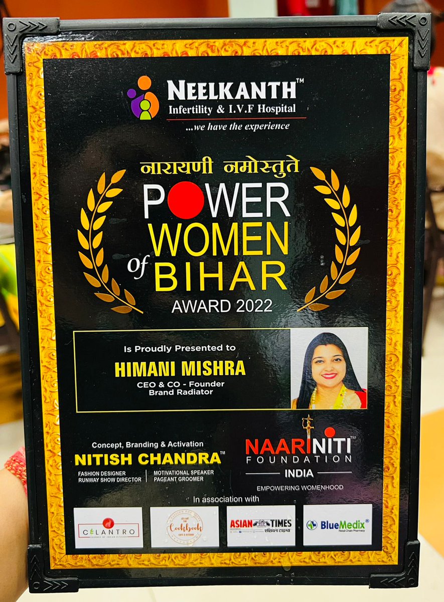 BrandRadiator's tweet photo. A remarkable achievement by our #PowerPuffCEO @HimaniMish, which brings us great pride as she receives the award “POWER WOMEN OF BIHAR 2022” on MOTHER'S DAY 2022 from Hon'ble Dy. CM Bihar, Sri @tarkishorepd & Shri @SMCHOUOfficial, Hon’ble Minister for Panchayati Raj, GoB. (1/2) https://t.co/MCKtJDP5yZ