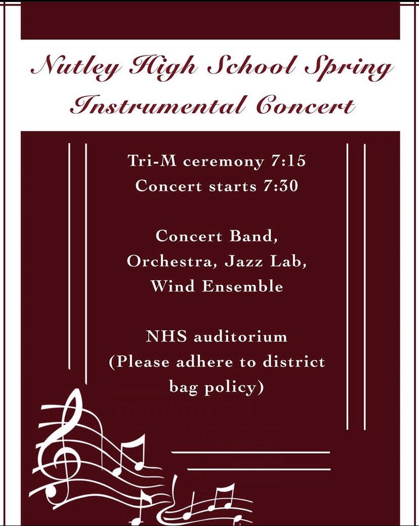 Come out Monday, 5/9 @ 7:30pm-Nutley High School auditorium for our Spring Instrumental Concert! We ask that all adhere to the district bag policy. We’re excited to bring you another fantastic performance! See you there! 🎶 <a href="/NutleySchoolsNJ/">NutleyPSD</a> <a href="/NutleyMusicBstr/">Nutley Music Boosters</a> <a href="/NutleyPrincipal/">Denis Williams</a>