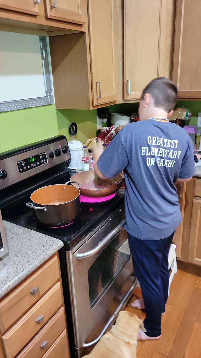 When your son takes over to cook MOTHERS DAY meal of pasta and meat sauce.