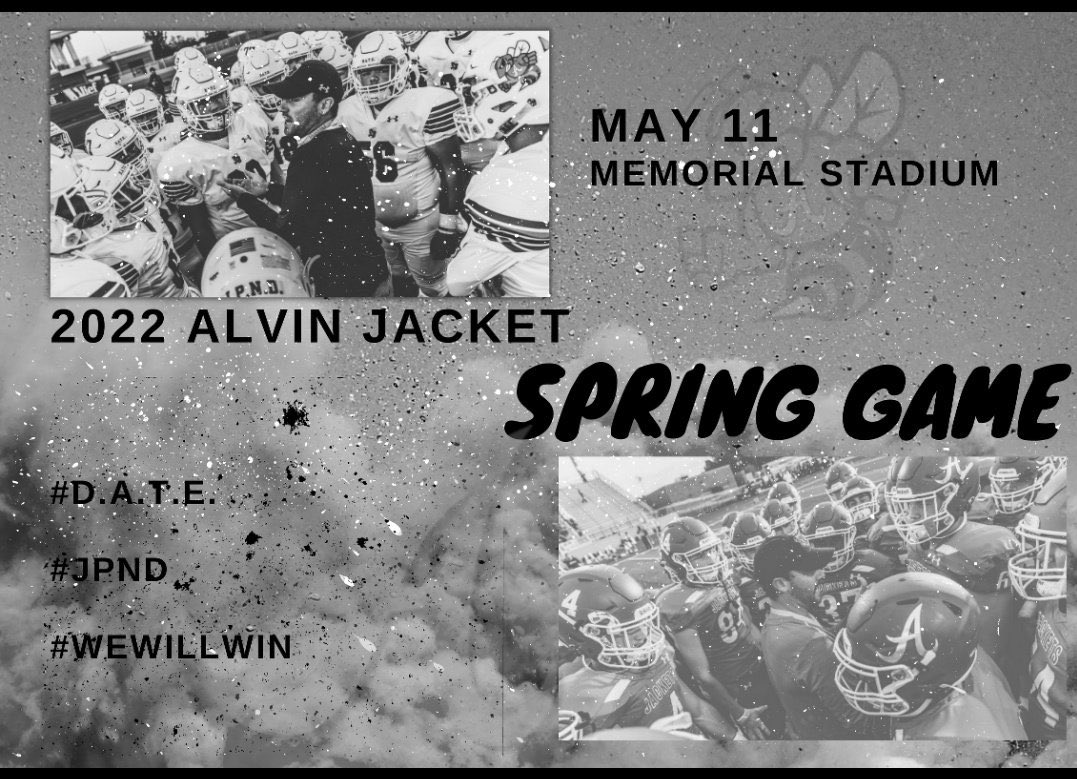 It’s GAME WEEK!!!!

Come check out the <a href="/alvin_jacketfb/">Alvin Football</a> Spring Game THIS Wednesday at 5:00 pm at Alvin Memorial Stadium!!

#WeWillWin #DATE #JPND