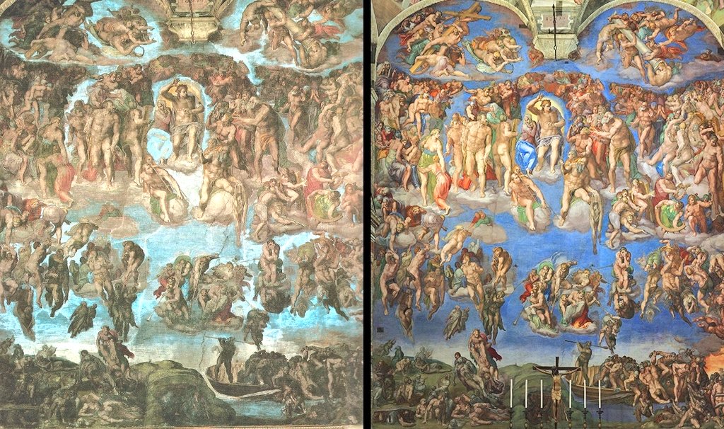 NikSamotracia's tweet photo. En 1994 finalizó la restauración de El Juicio Final de la Capilla Sixtina.
Os voy a contar una curiosidad.

Antes/Después. https://t.co/yqm1CiFUXJ
