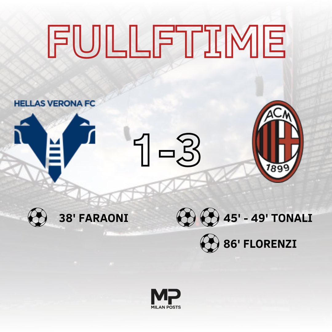 MilanPosts's tweet photo. ⏱ 90’ FULLTIME HELLAS VERONA 1-3 AC Milan 🔴⚫️ https://t.co/Ga7ZhGD4g1