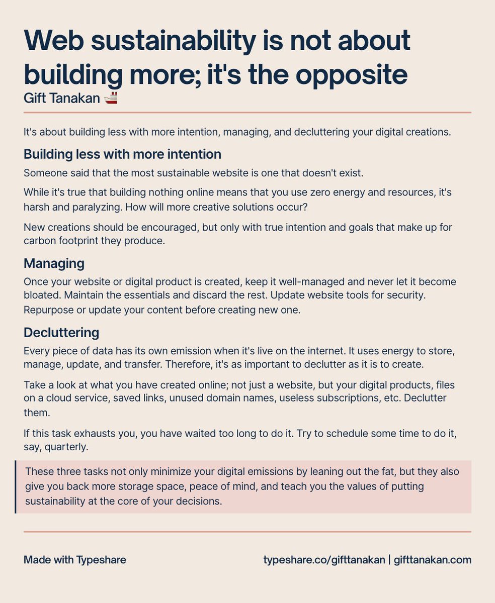 Gift_Tanakan's tweet photo. Day 16 of #ship30for30 run by
@dickiebush & @nicolascole77
.
Web sustainability is not about building more; it's the opposite
.
#sustainablewebdesign #sustainabledevs #lowcarbonwordpress #buildintentionally https://t.co/d17n1LoiIR