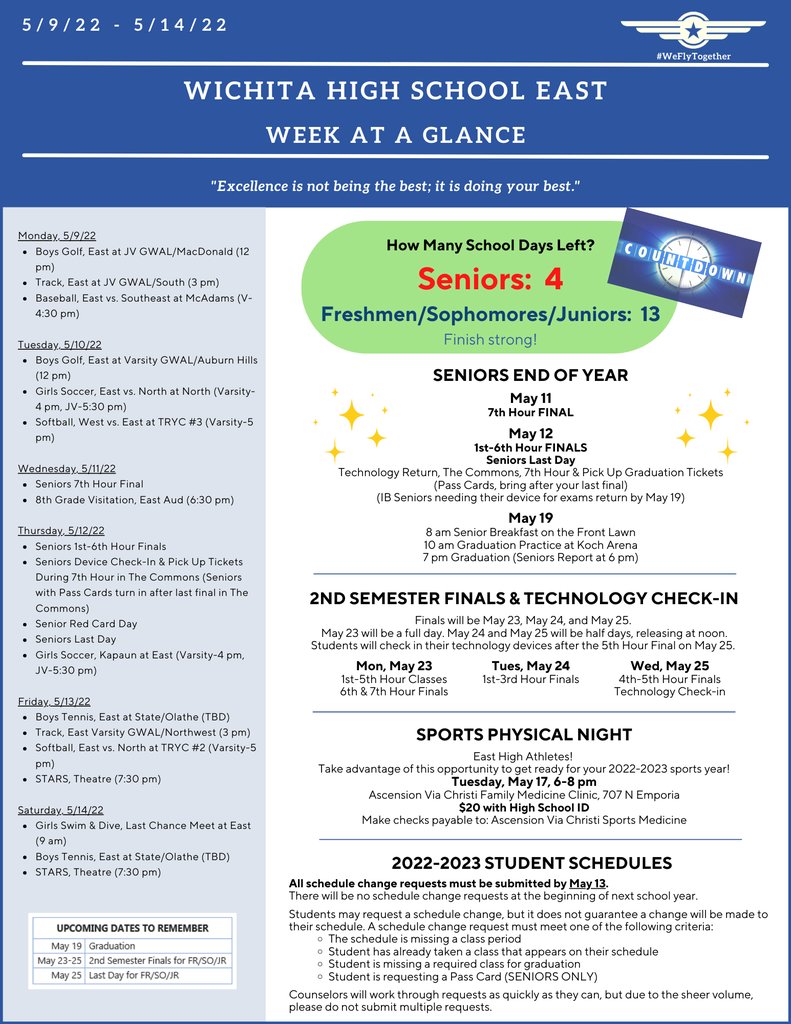 EastHighAces's tweet photo. ACES,
Check your email for the Week-at-a-Glance and upcoming events and activities, including info for Seniors last week, the Finals Schedule, and Sports Physical Night.
#WeFlyTogether https://t.co/iehFZQCkGM