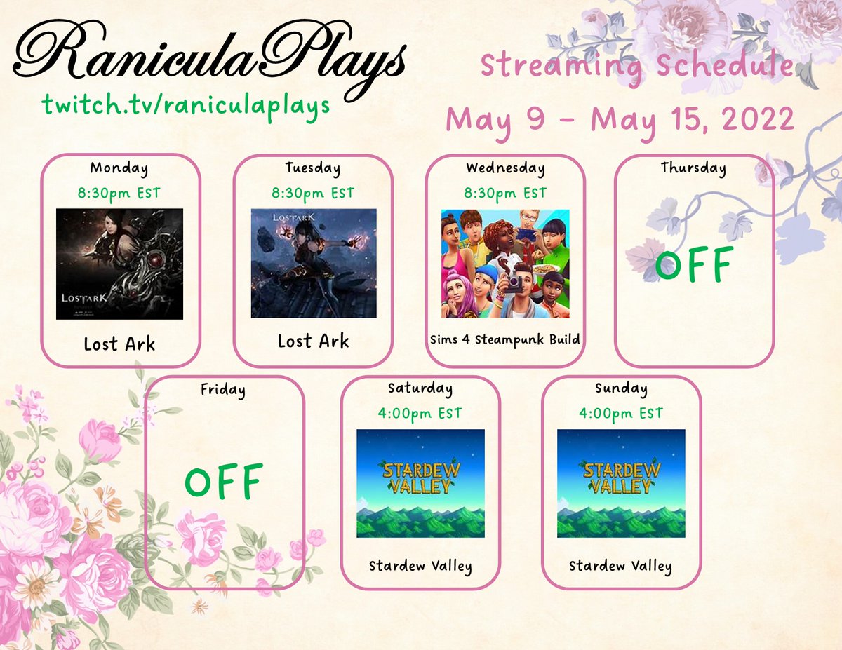 RaniculaPlays's tweet photo. (2) all updated on my stream schedule for the week! I hope to see you all Monday at 8:30 pm EST for our continuation of Lost Ark!
https://t.co/uDxM5wmxPx
#twitch #twitchaffiliate #pushto100 #WelcomeToTheGarden #youtube #tiktok #streaming https://t.co/fBs4Tb5dZn
