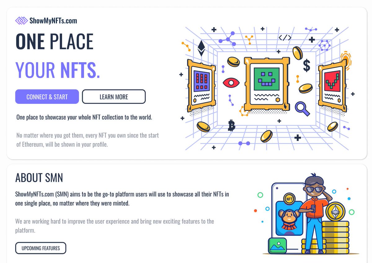 ShowMyNFTs's tweet photo. v1.0 landing page is here, is rather simple but straight to the point, there are more sections that are not seen in this screenshot such as a 3 step short guide, a support card, and the footer. 

Hope you like it so far!
#nft #nfts #web3 #NFTCommunity https://t.co/AVZFRbtupu