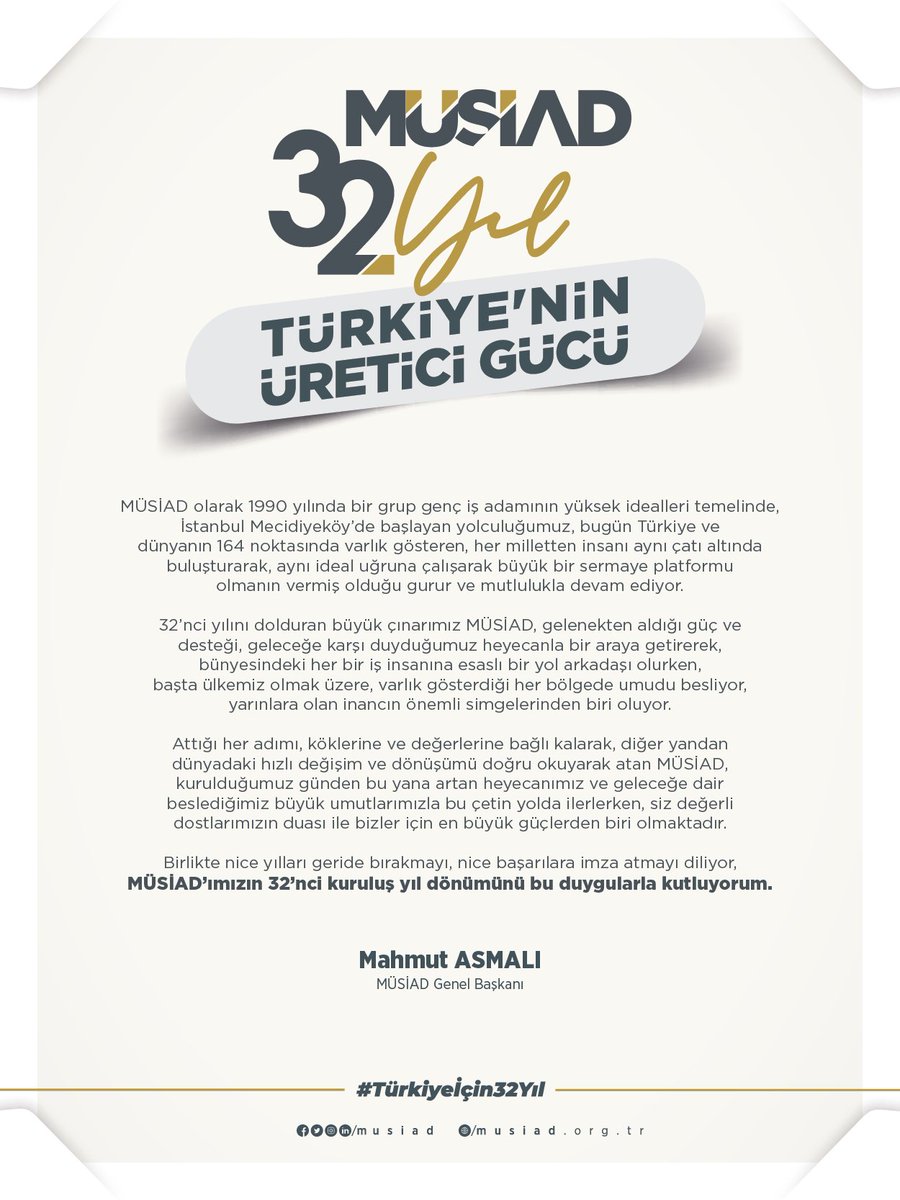 📌Türkiye'nin üreten gücü MÜSİAD, 32 yaşında!

1990 yılında bir grup iş adamı tarafından İstanbul'da kurulan MÜSİAD, bugün Türkiye ve dünyanın dört bir yanında her millet ve dilden üyeleriyle büyümeye devam eden koca bir aile.

#Türkiyeİçin32Yıl
#MÜSİAD32Yaşında